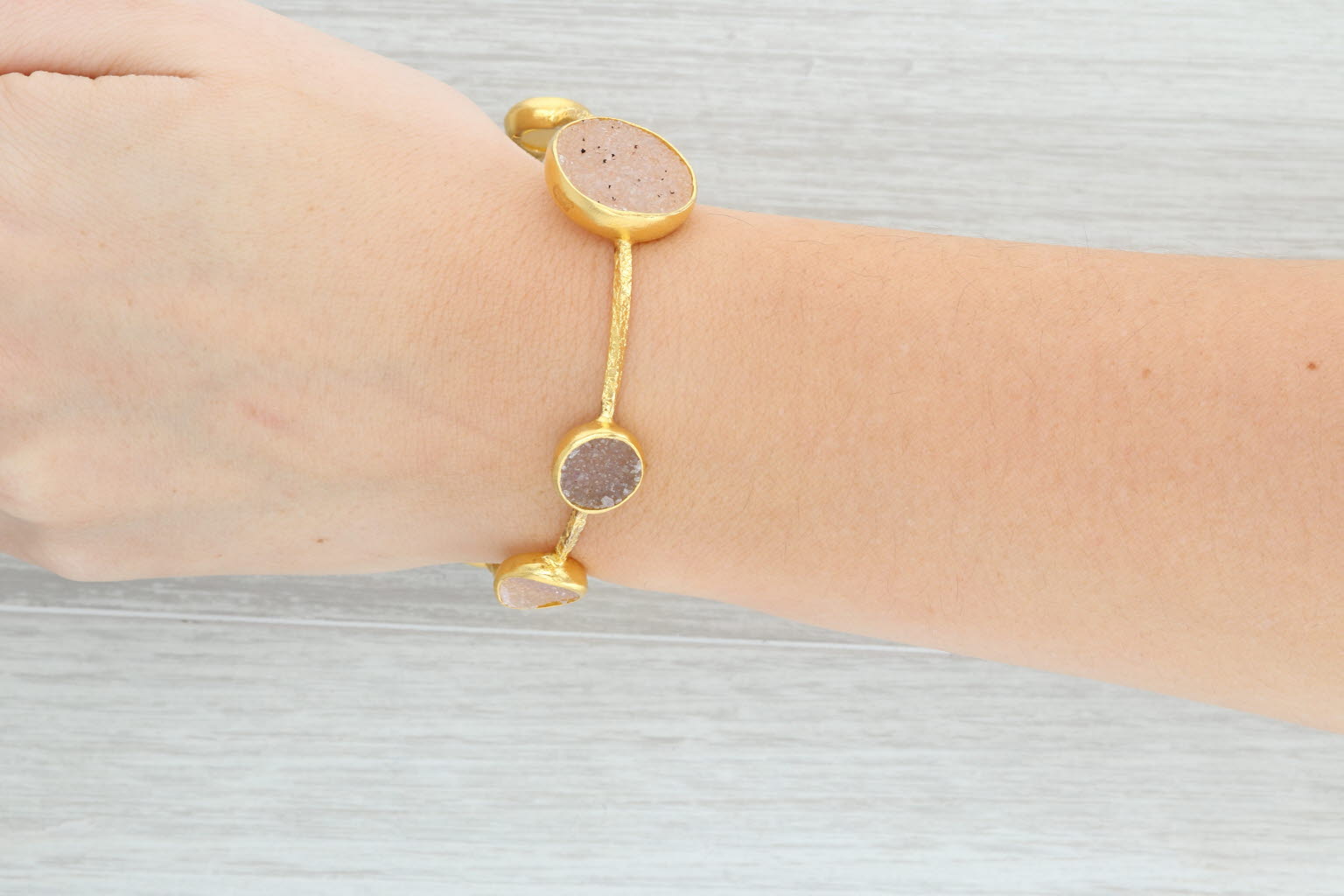New Nina Nguyen Bangle Bracelet Sand White Druzy Quartz Sterling 22k Vermeil