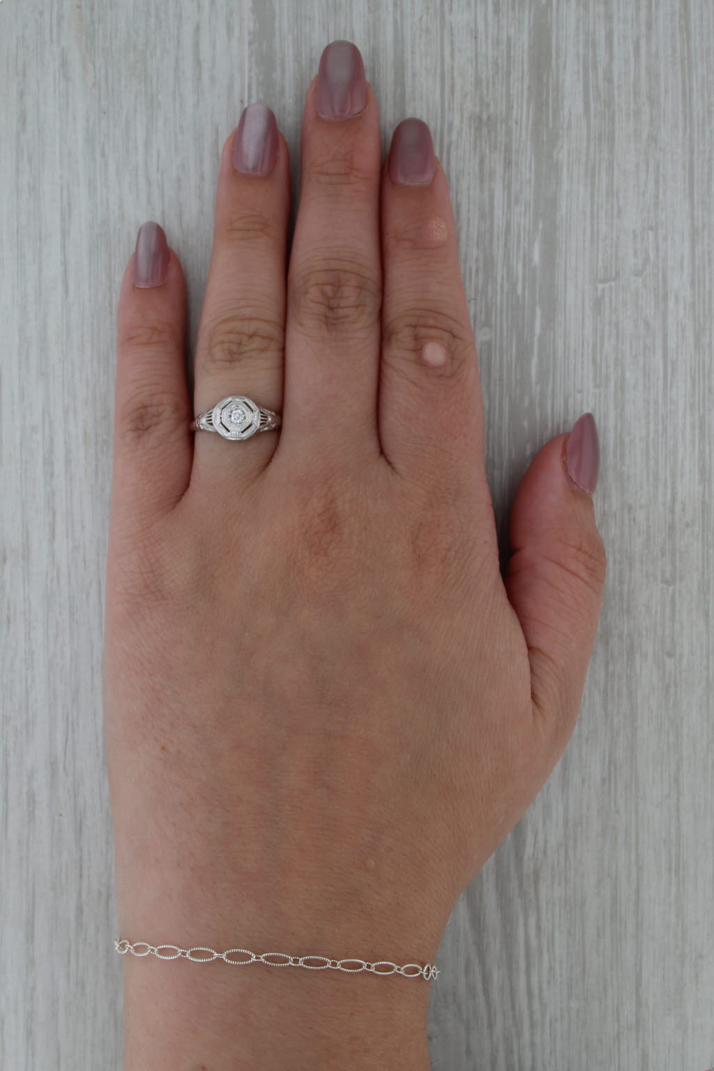 Art Deco Diamond Solitaire Ring 18k White Gold Filigree Size 7.5