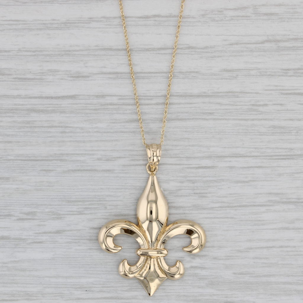 Gray Fleur Di Lis Pendant Necklace 14k Yellow Gold 18" Rope Chain