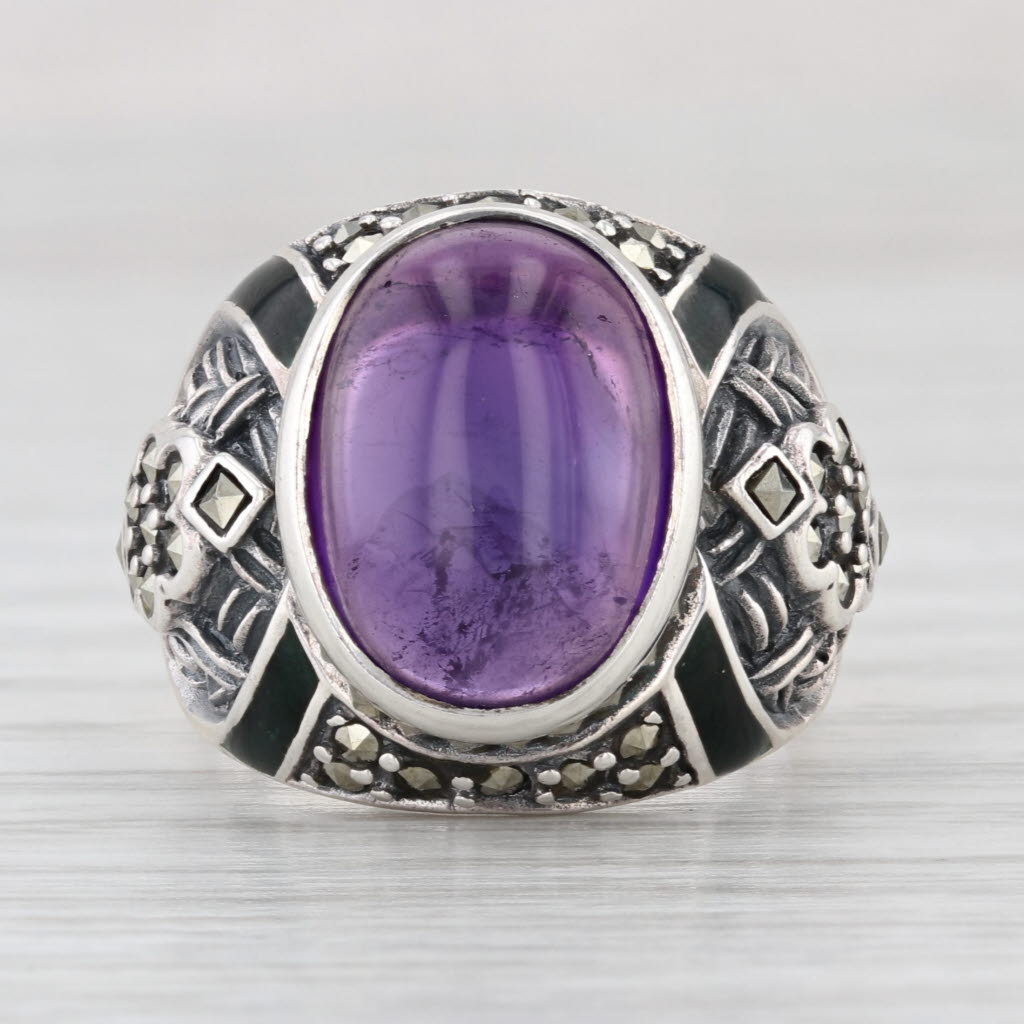 Amethyst Cabochon Marcasite Ring Sterling Silver Size 6 Statement