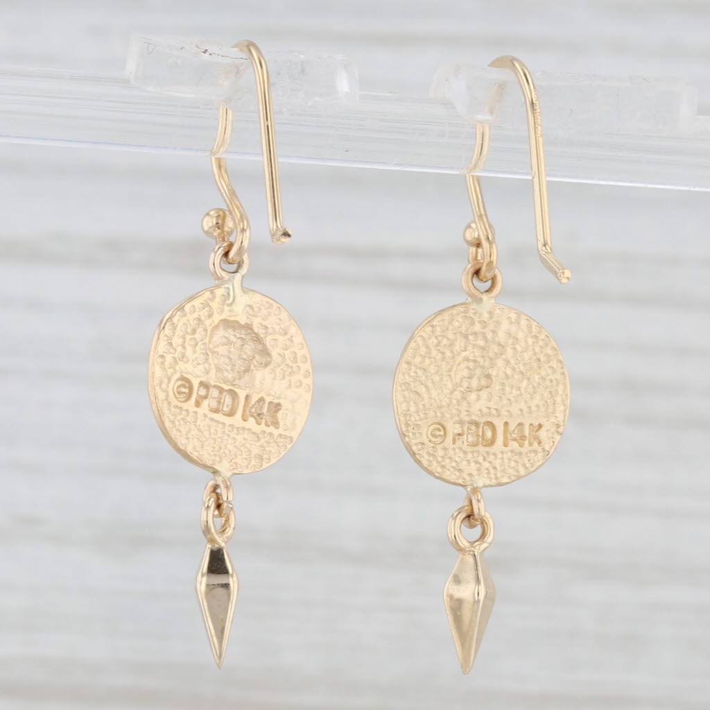 Light Gray Cherub Coin Dangle Earrings 14k Yellow Gold Hook Posts
