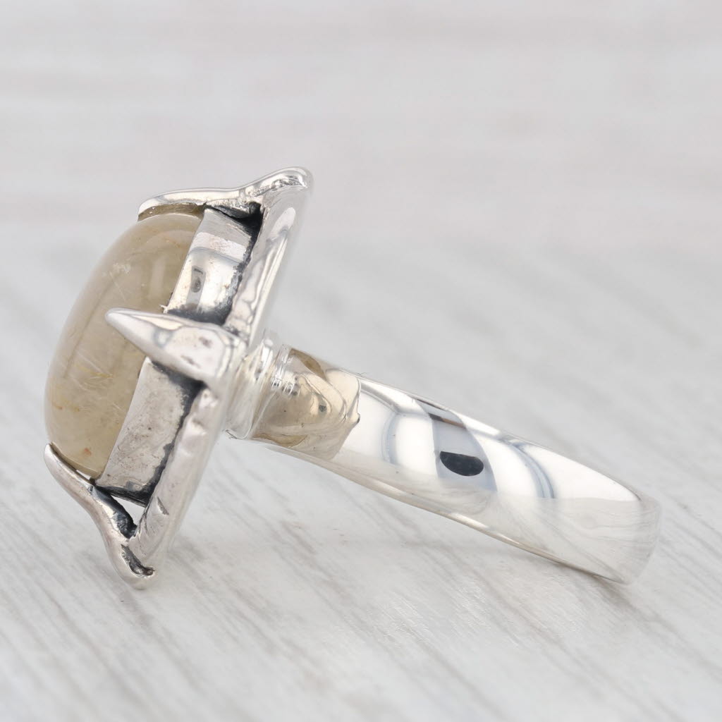 Light Gray Rutilated Quartz Oval Cabochon Ring Sterling Silver Size 6.75 Statement