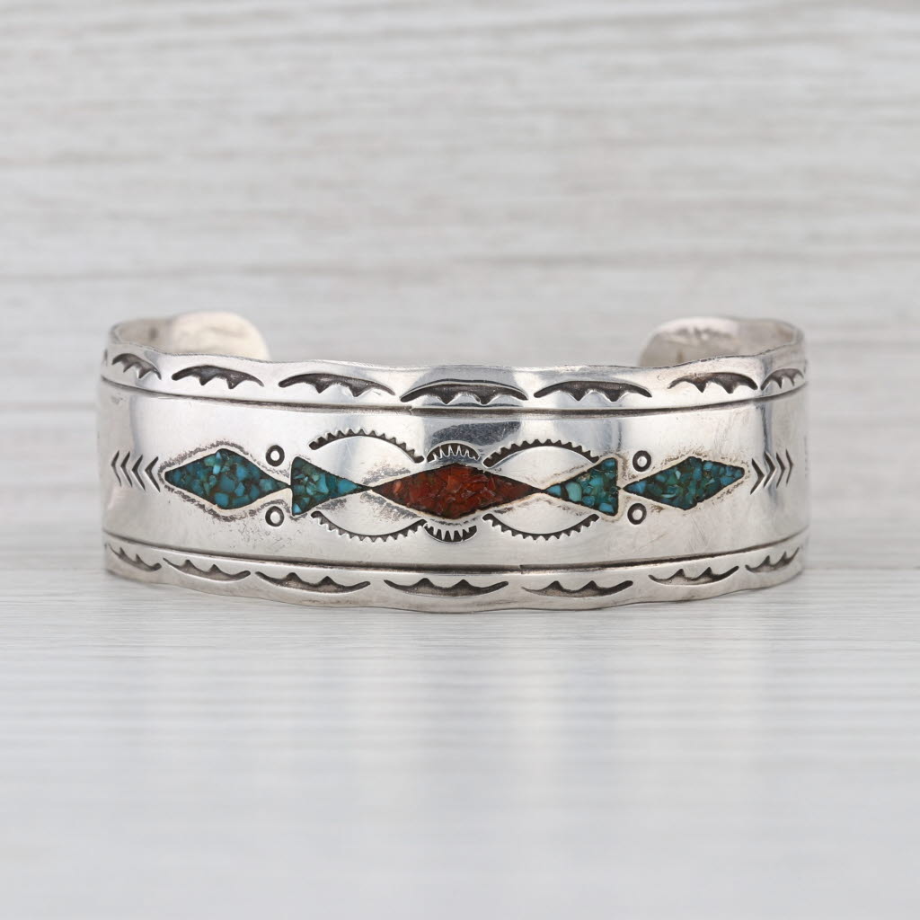 Turquoise Coral Cuff Bracelet Sterling Silver Vintage Native American Navajo