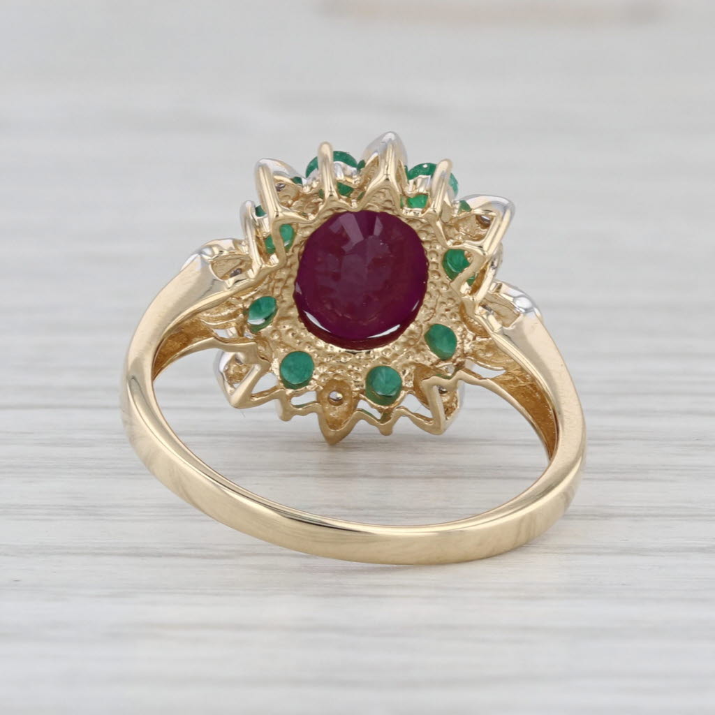Ruby Emerald Diamond Halo Ring 14k Yellow Gold Size 8.25 Cocktail