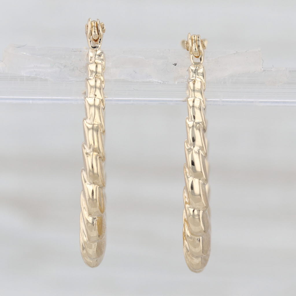 Tapering Scalloped Croissant Hoop Earrings 14k Yellow Gold Snap Top Round Hoops