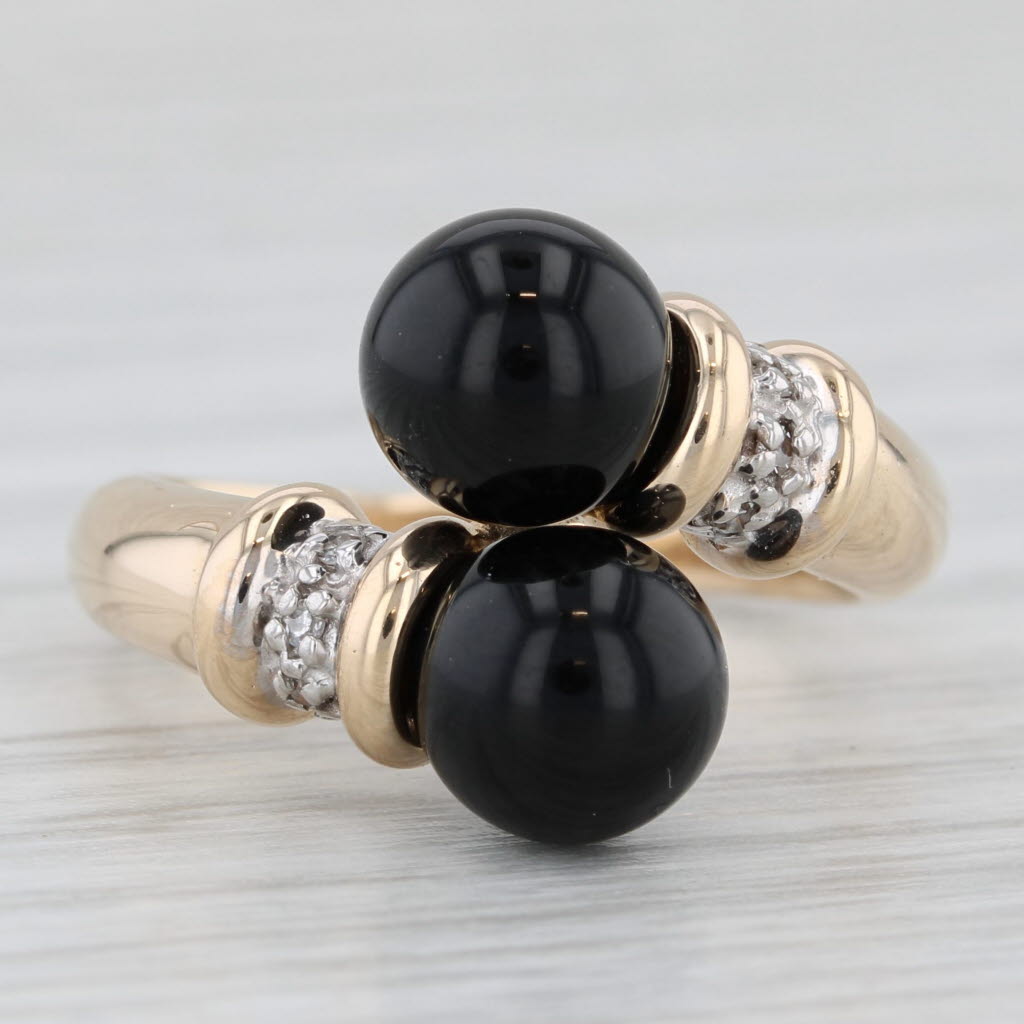 Light Gray Onyx Bead Diamond Bypass Ring 14k Yellow Gold Size 5.75