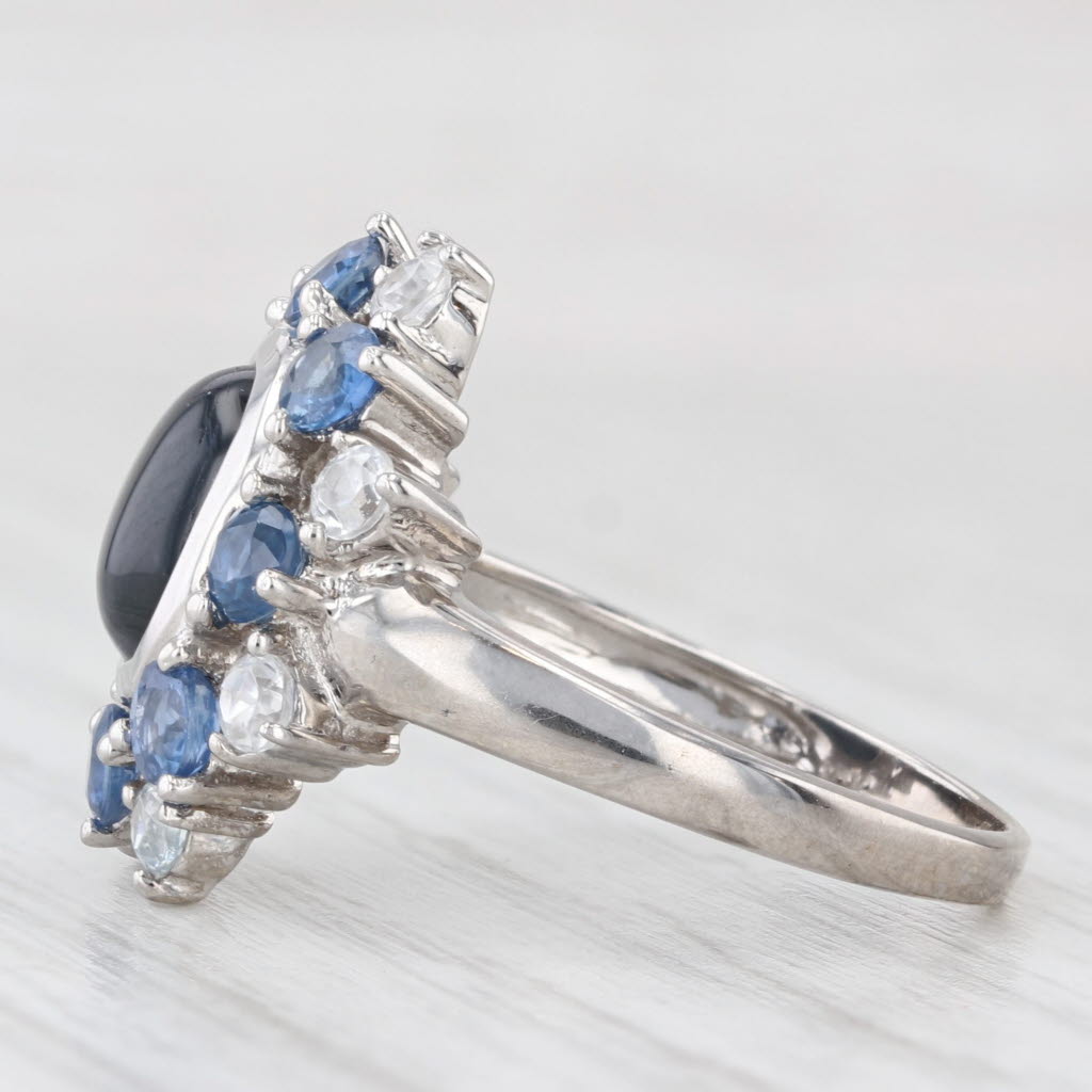 Light Gray Blue Cabochon Sapphire Zircon Halo Ring 10k White Gold Size 8