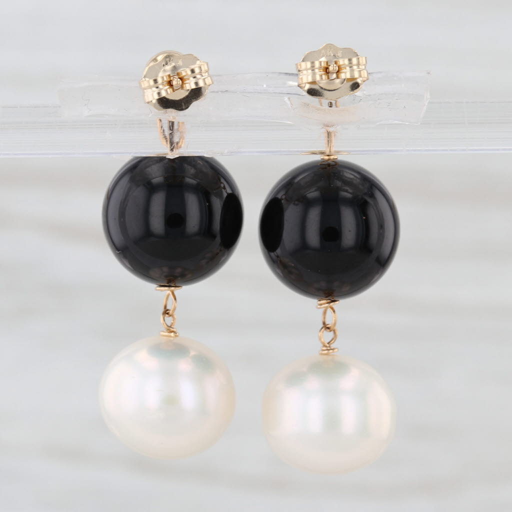 Onyx Pearl Bead Dangle Earrings 14k Yellow Gold Drops
