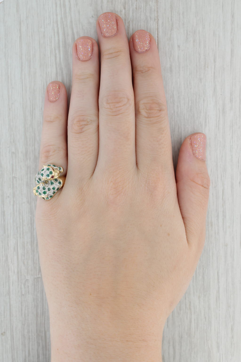 Gray 0.76ctw Emerald Ruby Diamond Panther Ring 14k Yellow Gold Size 6.5