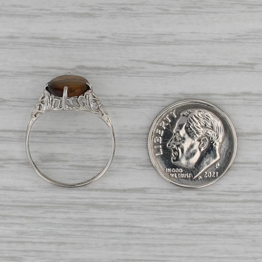 Vintage Tiger's Eye Filigree Ring 14k White Gold Size 6.25
