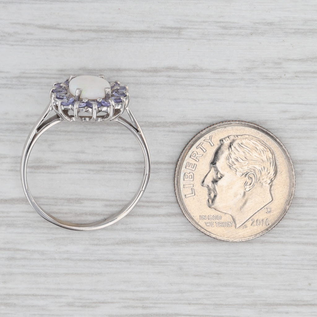 Light Gray Oval Opal Cabochon Tanzanite Halo Ring 14k White Gold Size 6.75