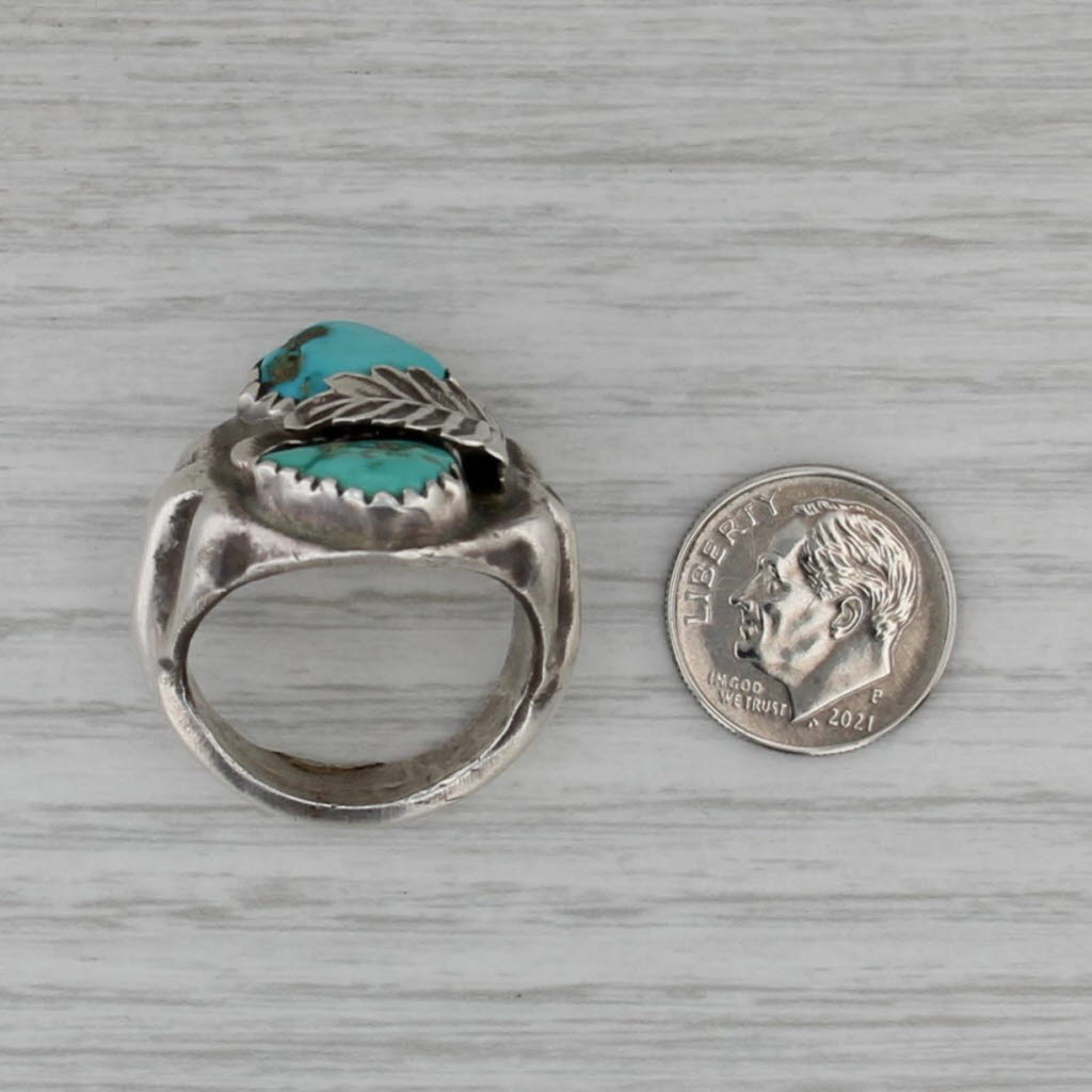 Vintage Native American Turquoise Cabochon Leaf Ring Sterling Silver Size 10