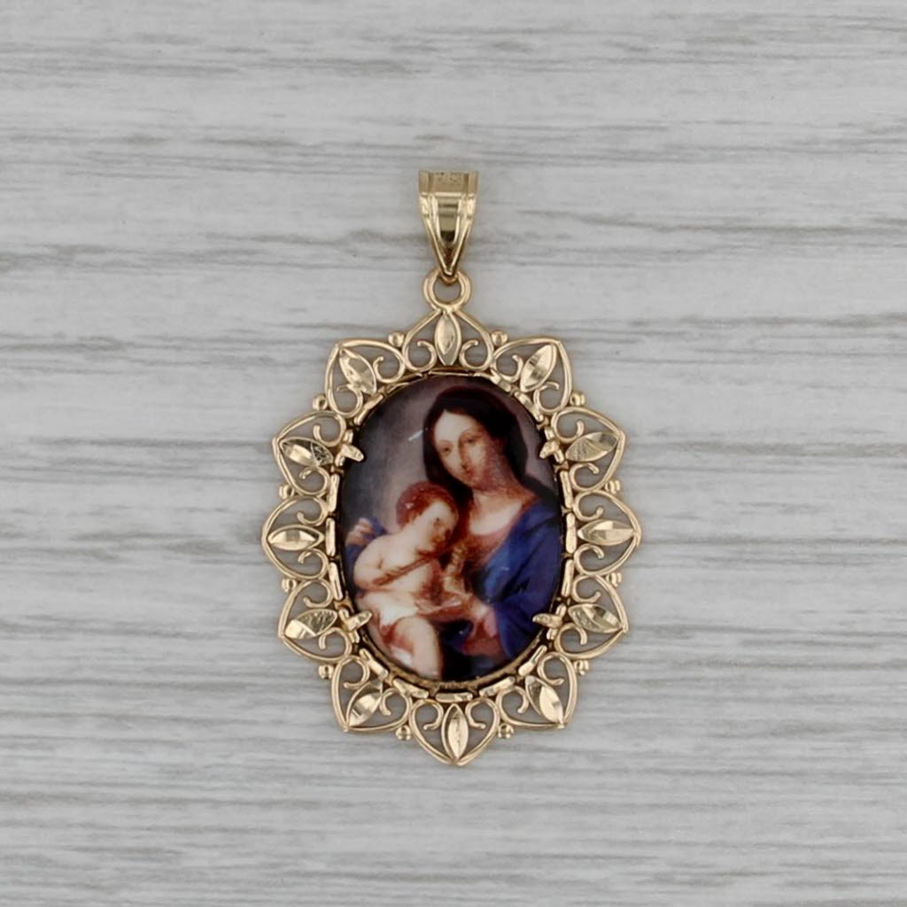 Mary Holding Jesus Glass Enamel Portrait Pendant 14k Gold Religious Jewelry