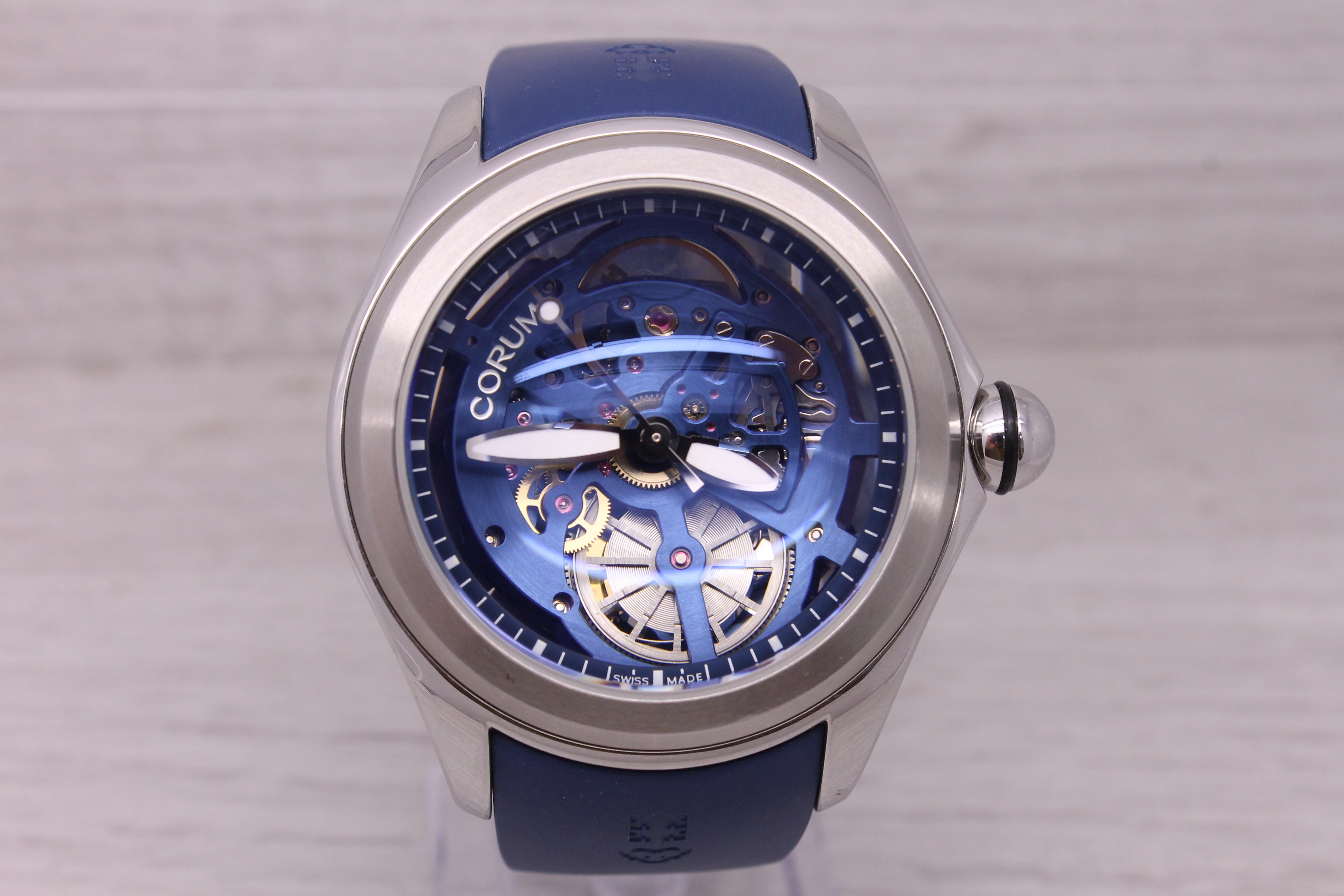 Dark Gray Corum Bubble Blue Skeleton Mens 47mm Steel Automatic Watch w/ Box Papers 08.0006