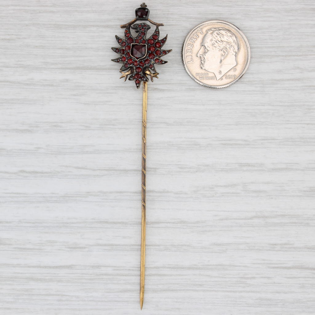 Light Gray Antique Garnet Phoenix Bird Crest Stickpin 9k Gold Gold Filled