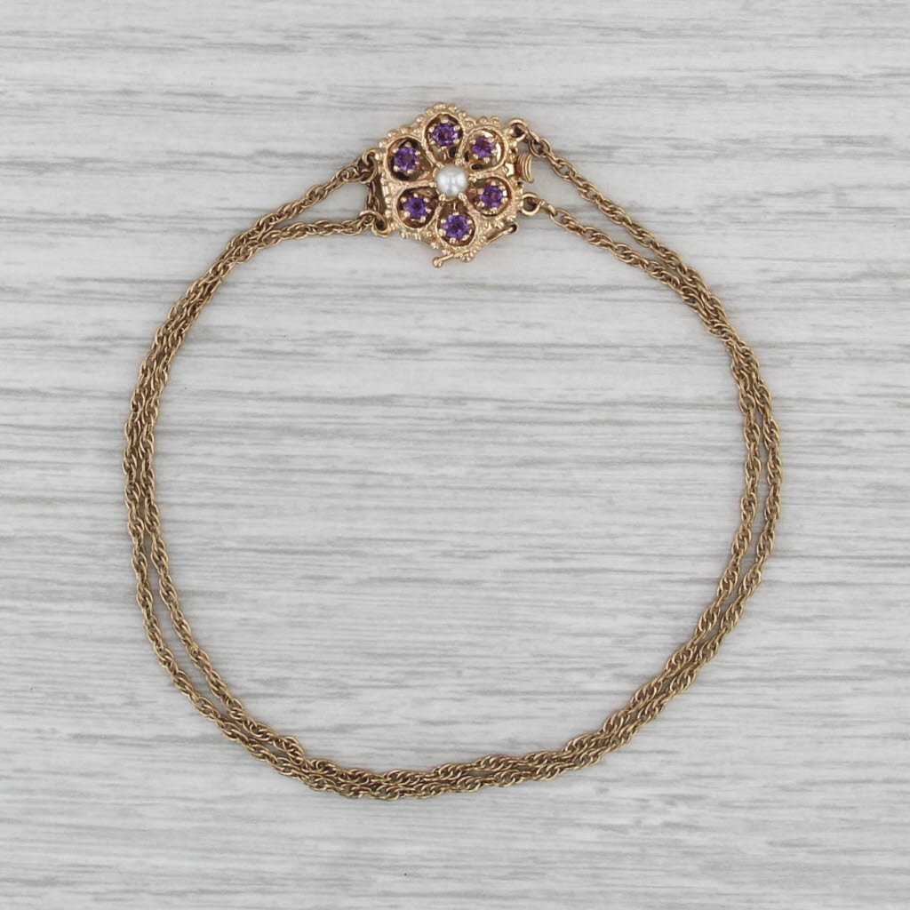 Amethyst Pearl Flower Clasp Double Chain Slide Charm Starter Bracelet 14k Gold