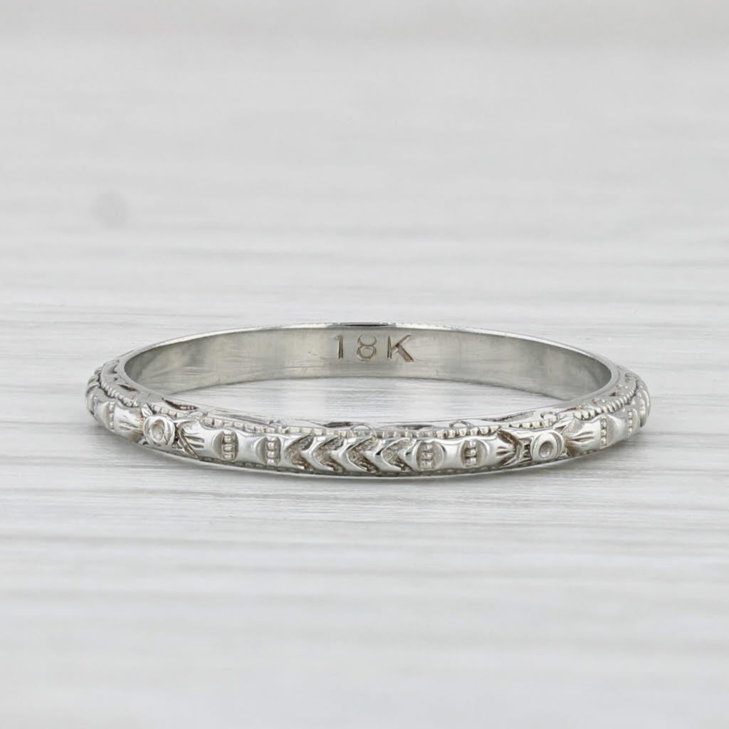 Light Gray Art Deco Floral Wedding Band 18k White Gold Size 5.5 Stackable Ring Vintage