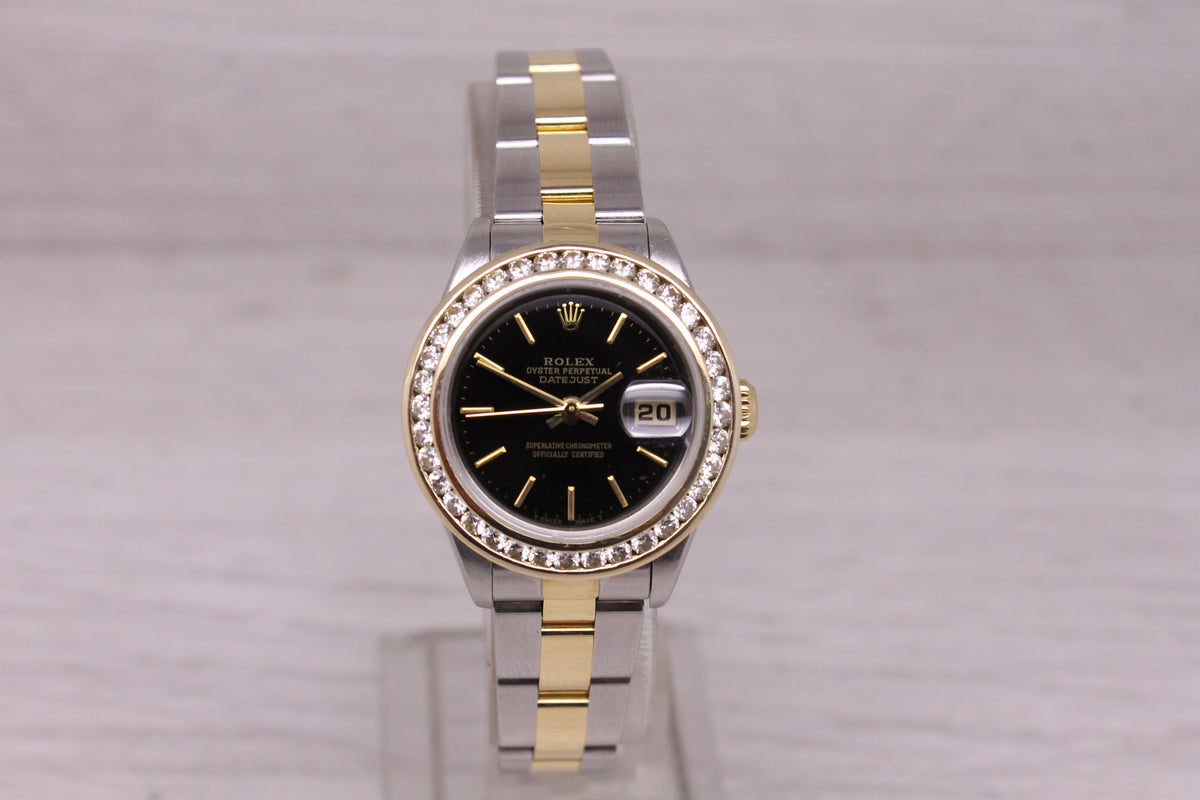 Rolex Datejust Ladies 26mm 79173 18k & Steel Watch Oyster Custom Diamond Bezel