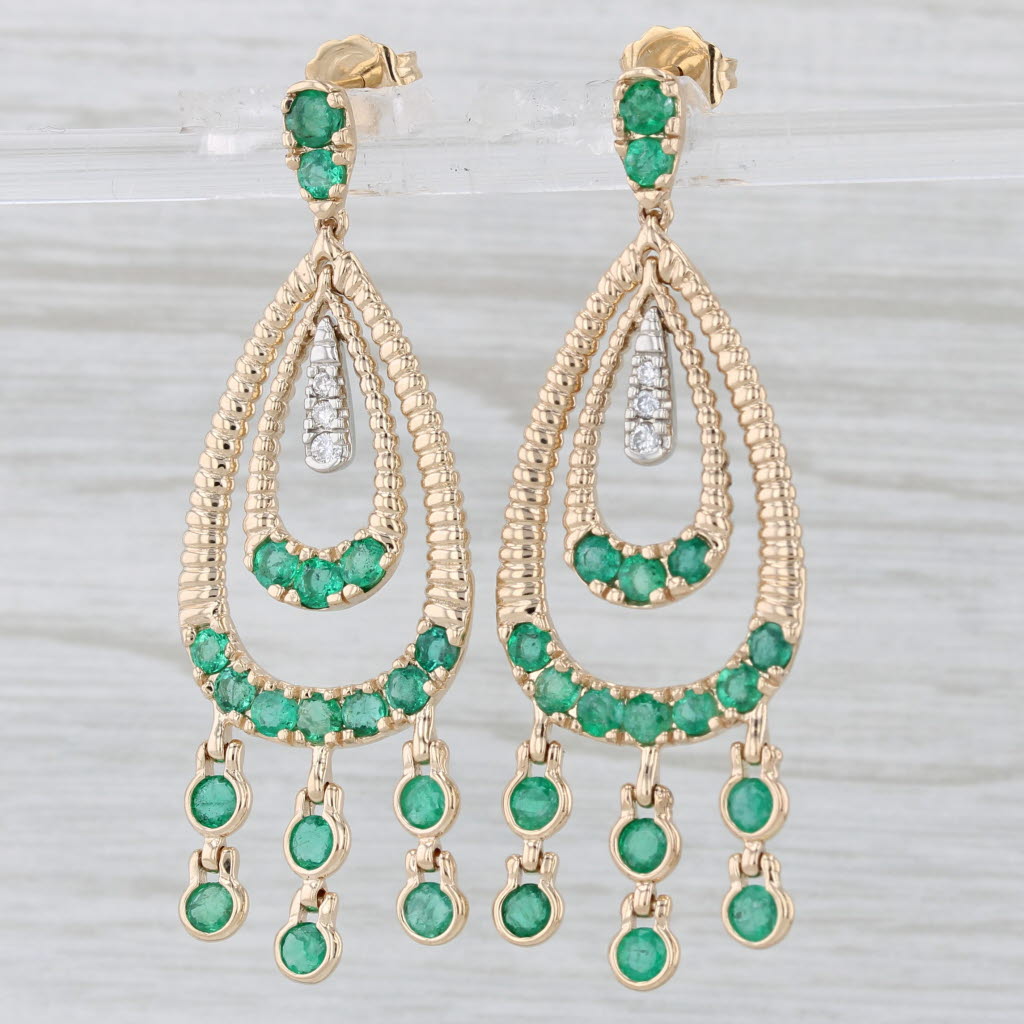 Light Gray 2.45ctw Emerald Diamond Teardrop Dangle Earrings 14k Yellow Gold Statement