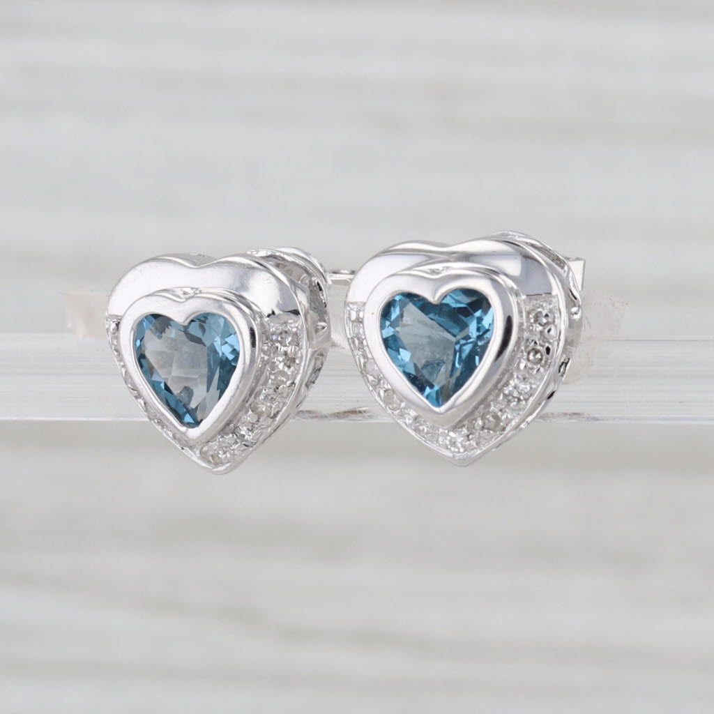 1.97ctw Blue Topaz Diamond Heart Stud Earrings 14k White Gold Studs