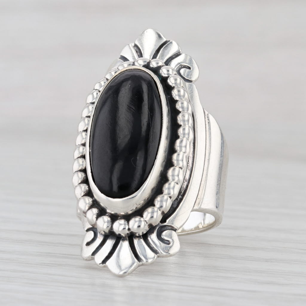 Obsidian Black Oval Cabochon Sterling Silver Ring Size 6.5 Statement