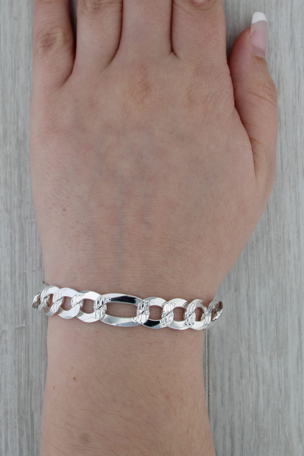 Sterling Silver Figaro Chain Bracelet Italian 8.25" 10.7mm