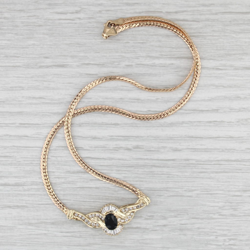 1.93ctw Blue Sapphire Diamond Necklace 14k Yellow Gold 17.75" Flat Curb Chain