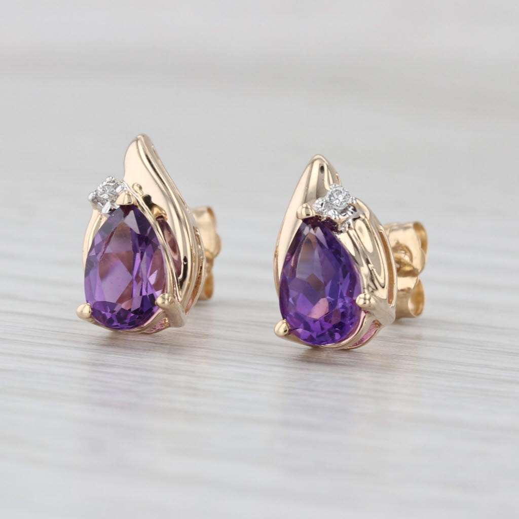 1.42ctw Amethyst Diamond Teardrop Stud Earrings 14k Yellow Gold