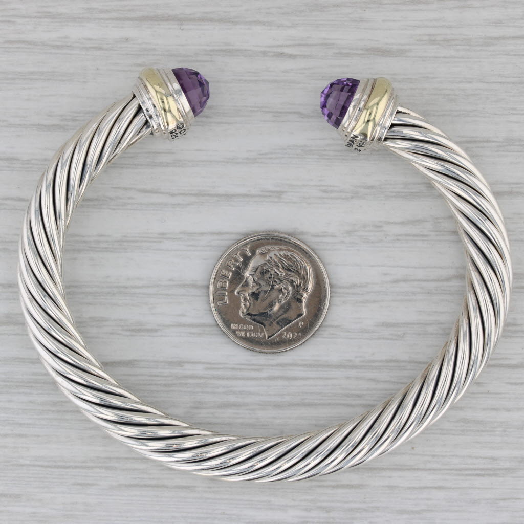 Gray David Yurman Amethyst Cable Cuff Bracelet Sterling Silver 14k Gold 7"