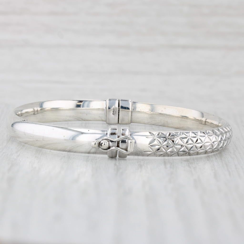 Light Gray Etched Star Pattern Bangle Bracelet Sterling Silver 7" 6.1mm