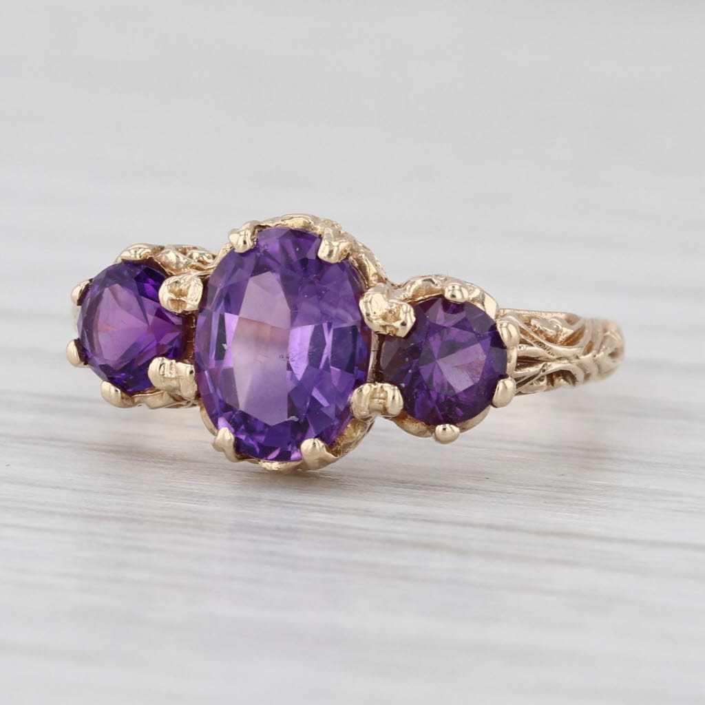 1.70ctw 3-Stone Amethyst Ring 14k Yellow Gold Vintage Ornate Detailing Size 6