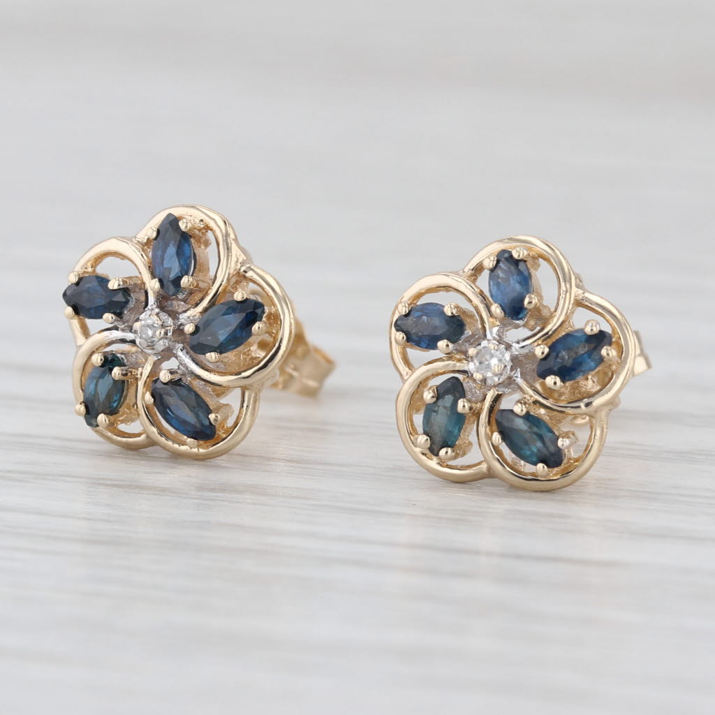 0.80ctw Sapphire Flower Stud Earrings 14k Yellow Gold Studs Diamond Accents