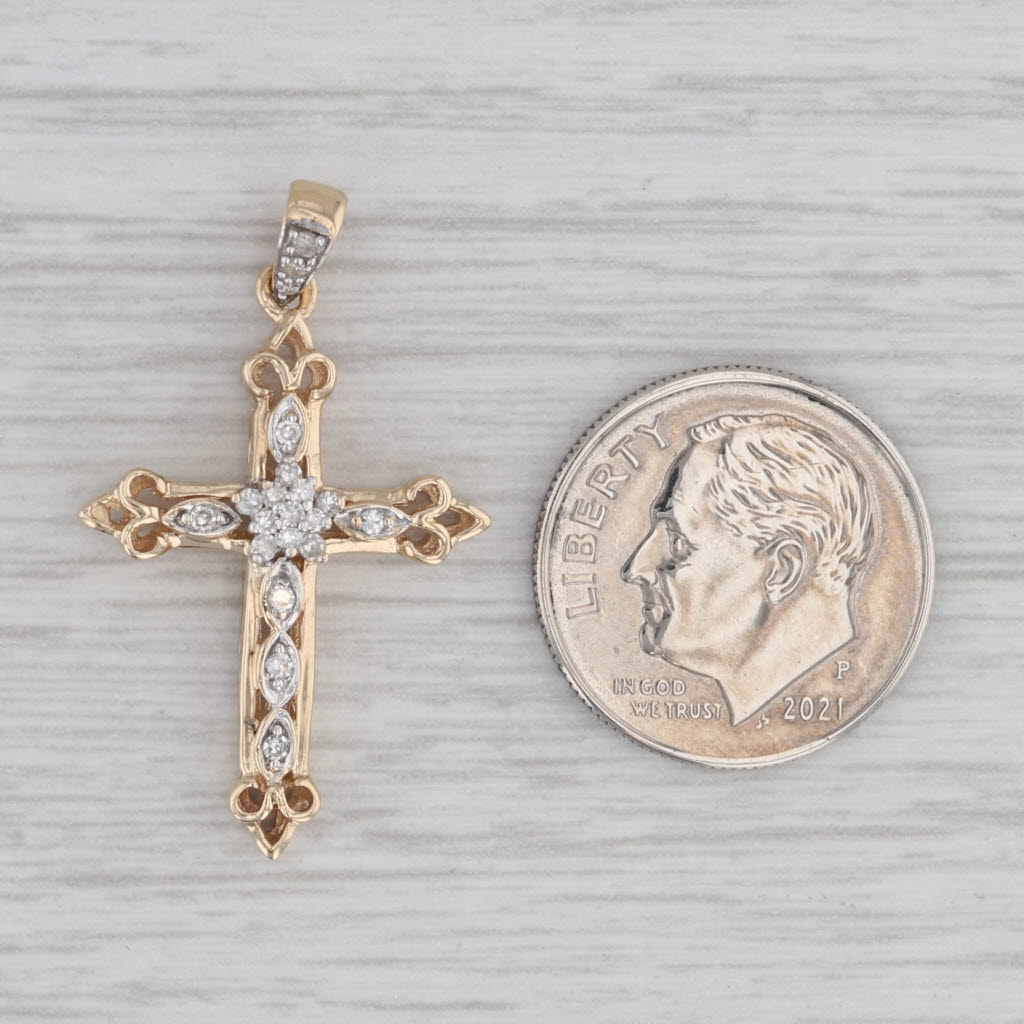 Gray Diamond Openwork Cross Pendant 14k Yellow Gold Religious Jewelry