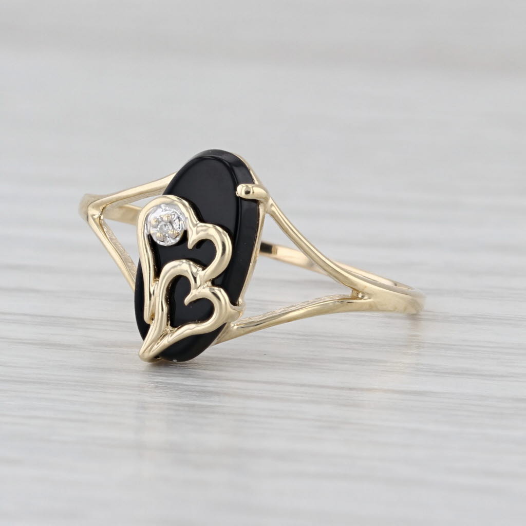 Vintage Onyx Diamond Hearts Signet Ring 10k Yellow Gold Size 9