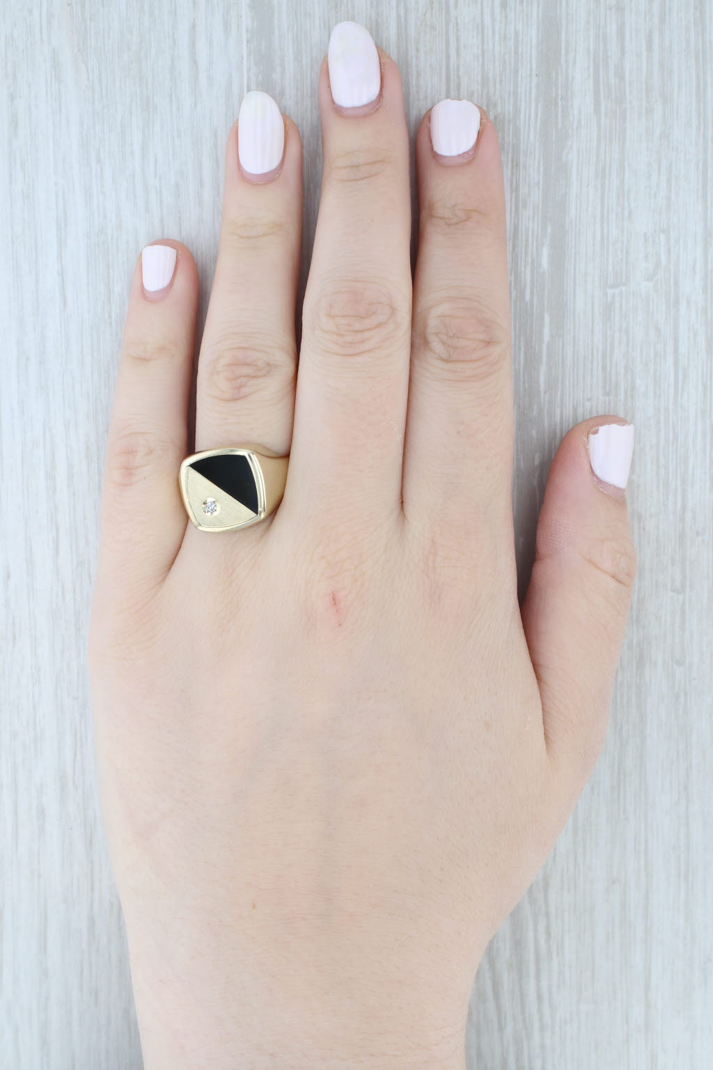 Light Gray Onyx Diamond Signet Ring 10k Yellow Gold Size 12.25 Vintage Men's