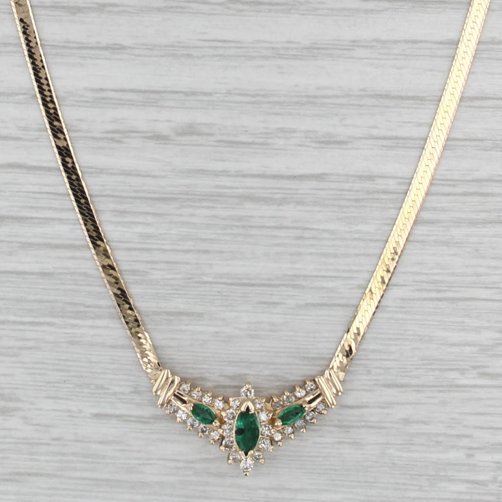 1.05ctw Emerald Diamond Herringbone Chain Necklace 14k Yellow Gold 17.25"