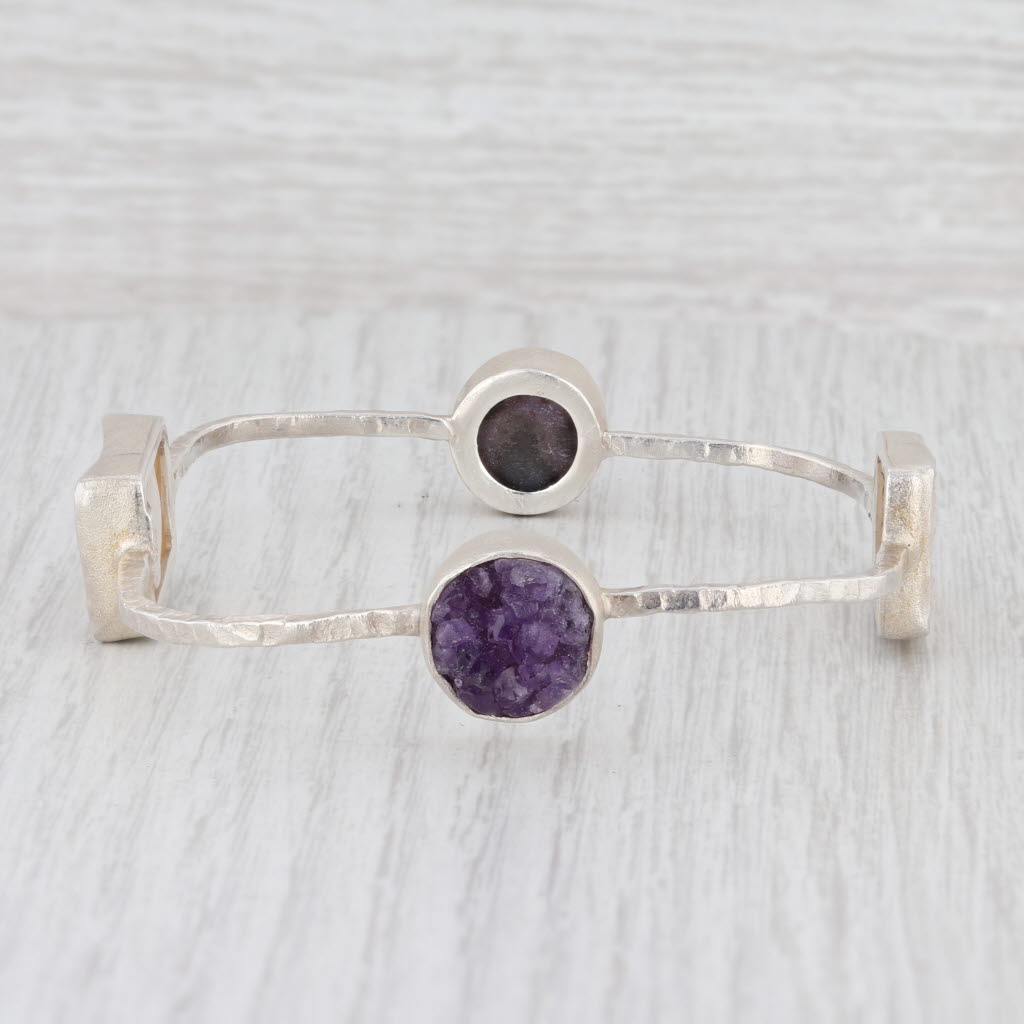 New Nina Nguyen Amethyst White Druzy Quartz Bangle Bracelet Sterling Silver 8”