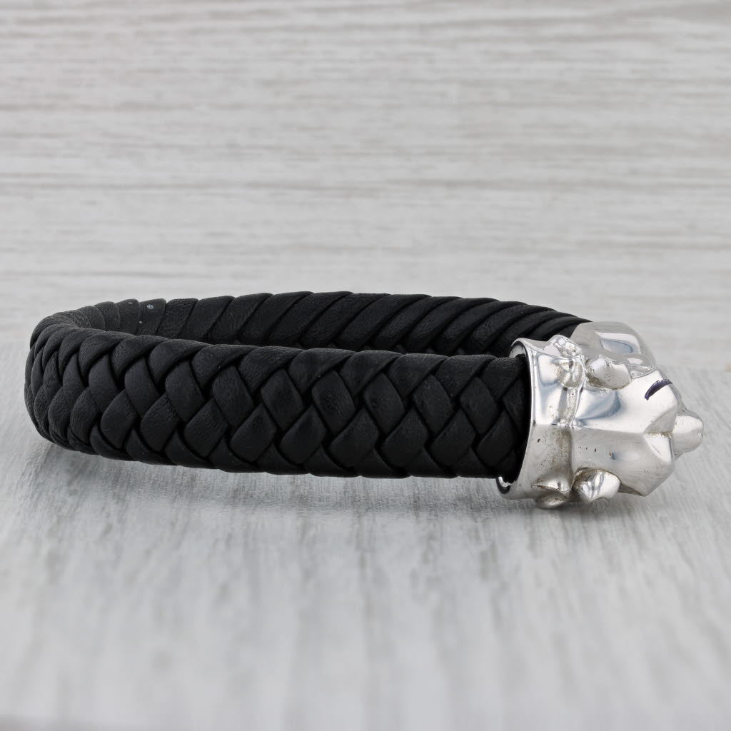 Gray New Effy Black Spinel Panther Bracelet Sterling Silver Woven Black Leather 7.5"