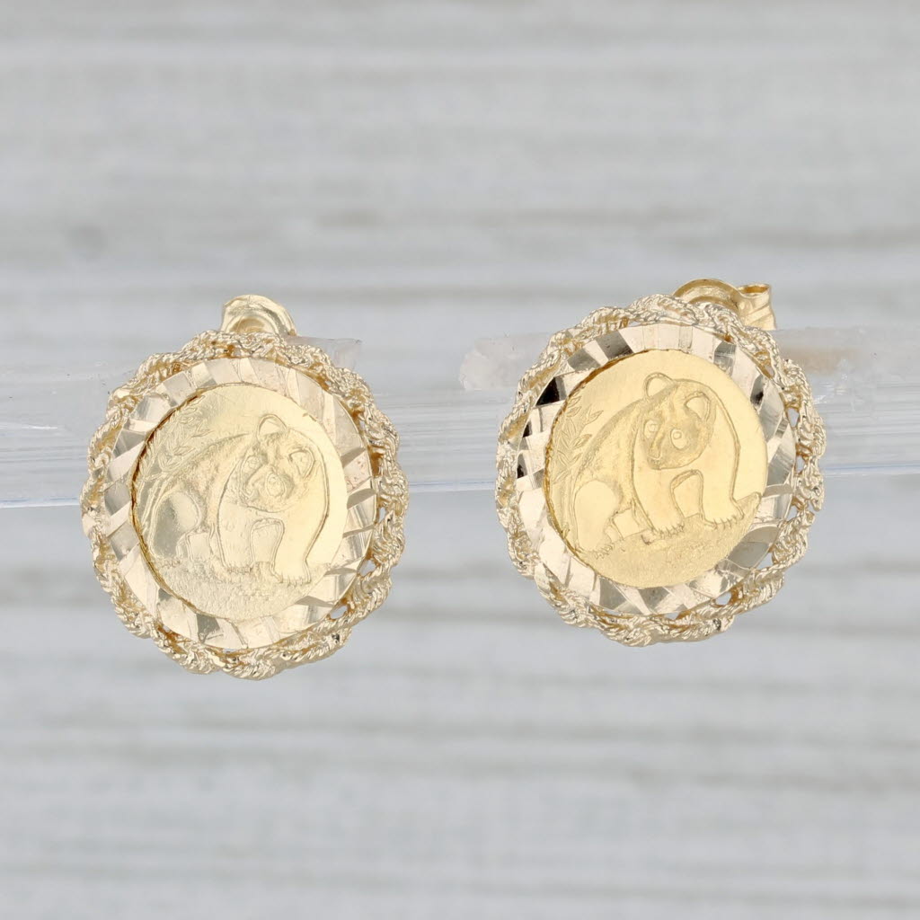 Gray Chinese Panda Coin Copy Stud Earrings 10k Yellow Gold