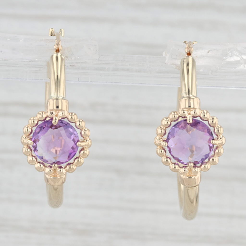 Light Gray 1.20ctw Amethyst Hoop Earrings 10k Yellow Gold Snap Top Round Hoops