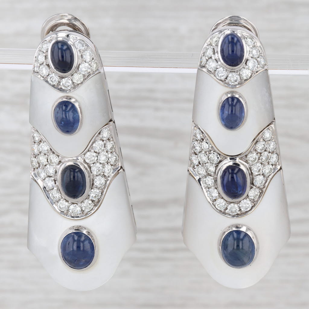 Sapphire Mother of Pearl Diamond Earrings 18k Gold Statement Drop Clip On