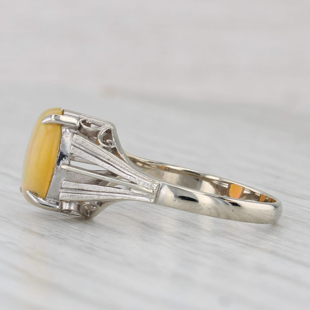 Light Gray Rainbow Yellow Opal Solitaire Ring 14k White Gold Size 6.25