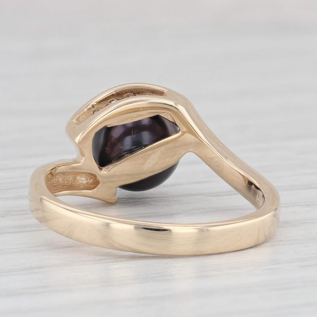 Light Gray Black Cultured Pearl Diamond Ring Bypass Ring 14k Yellow Gold size 6.25