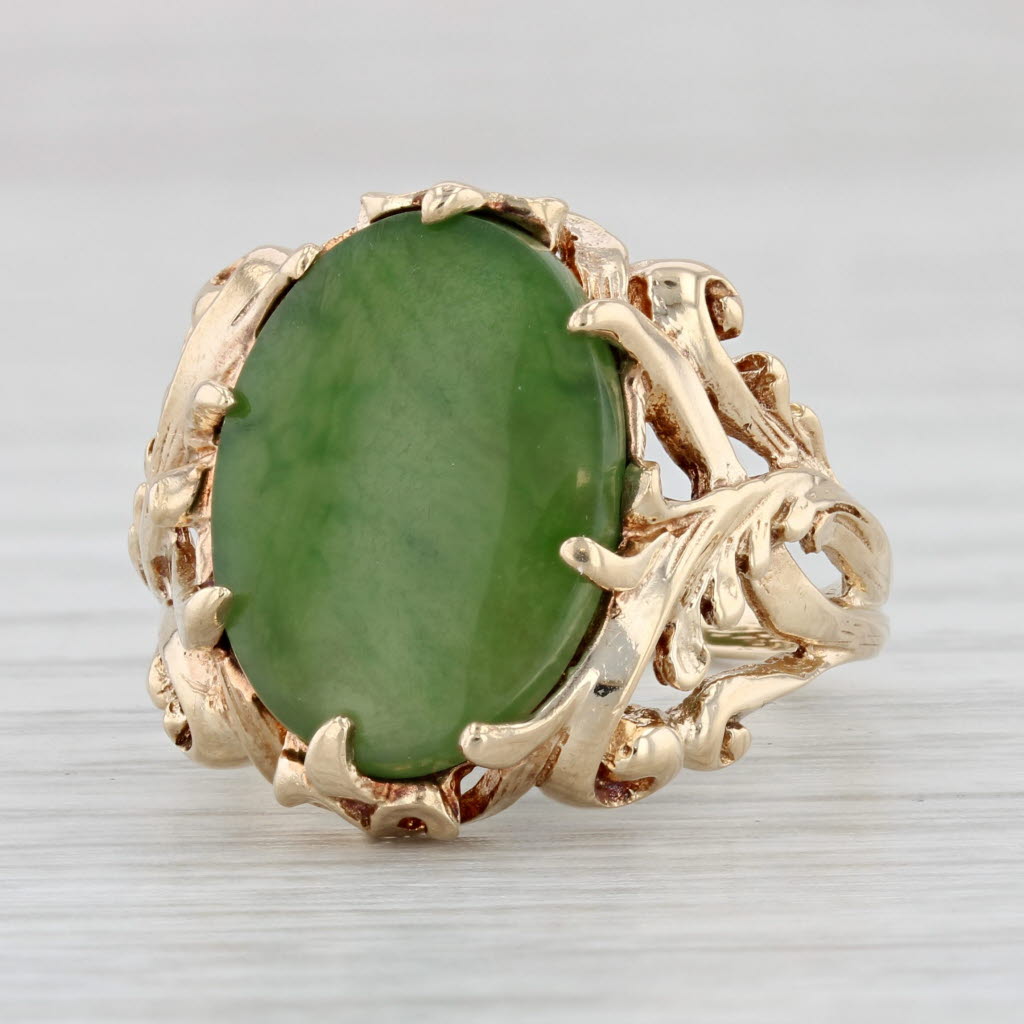 Light Gray Green Nephrite Jade Floral Ring 10k Yellow Gold Size 8.25 Oval Solitaire