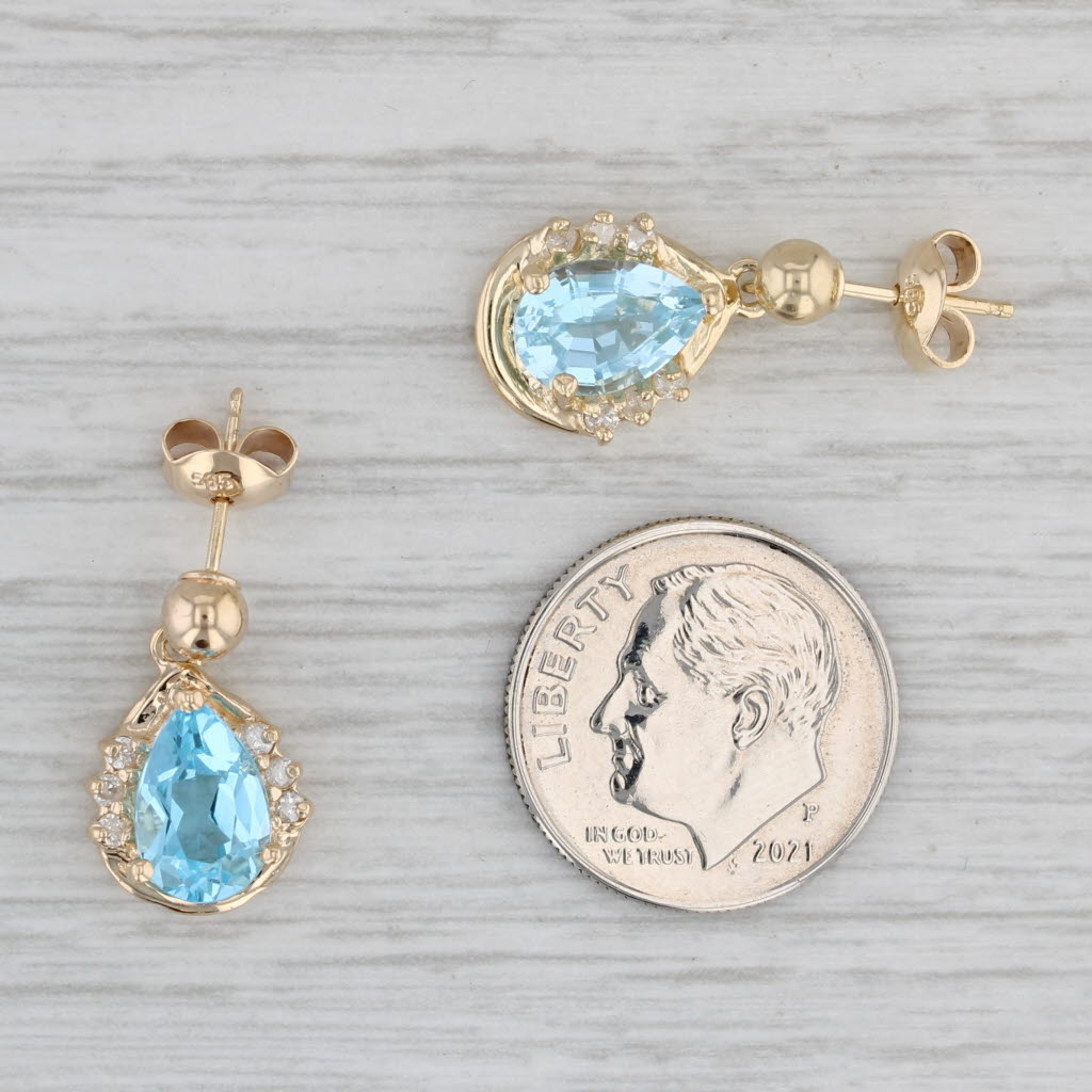 Gray 3.32ctw Blue Topaz Diamond Teardrop Earrings 14k Yellow Gold Pierced Drops
