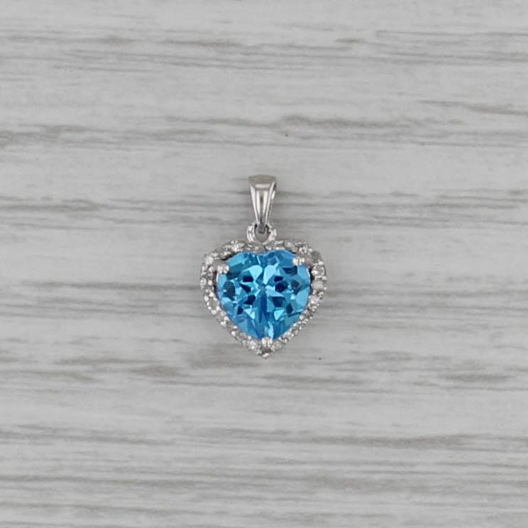 1.57ct Blue Topaz Heart Diamond Halo Pendant 10k White Gold Small Drop