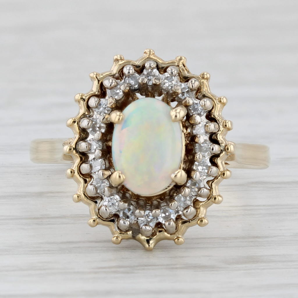 Light Gray Oval Opal Cabochon Diamond Halo Ring 14k Yellow Gold Size 6.5