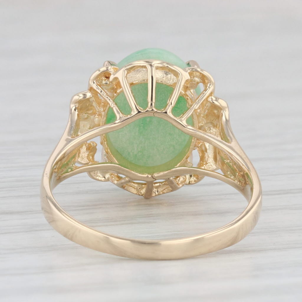 Light Gray Oval Cabochon Green Jadeite Jade Solitaire Ring 14k Yellow Gold Size 6.5