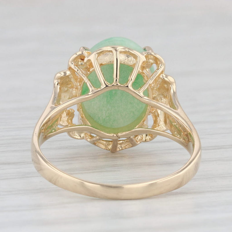 Oval Cabochon Green Jadeite Jade Solitaire Ring 14k Yellow Gold Size 6.5