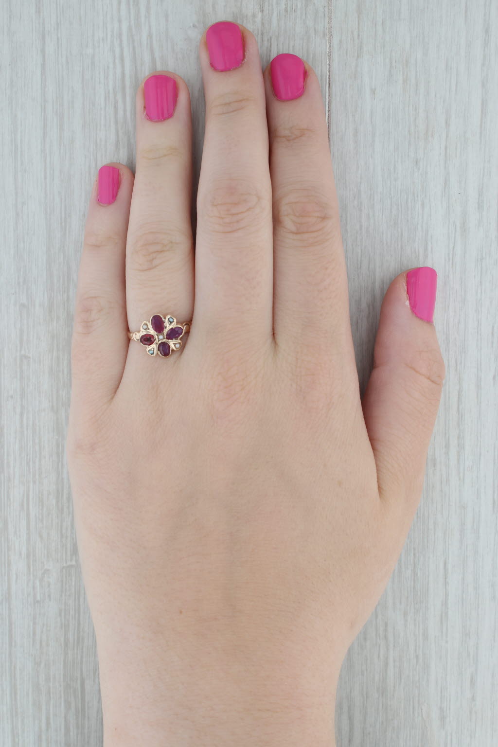 Gray Antique Ruby Garnet Pearl Flower Ring 10k Yellow Gold Size 8.25